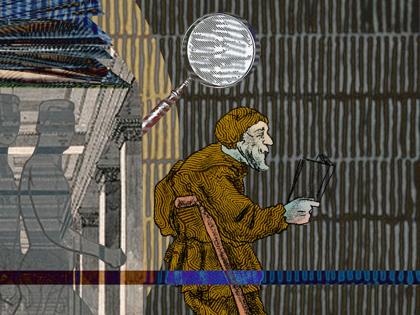 An abstract digital illustration depicting a young Victorian man walking into the entrance of a library and being transformed into an ill looking, tired and diseased old man. In the background is an archive image of a place of learning, decorated with a magnifying glass as an ornament and open book.