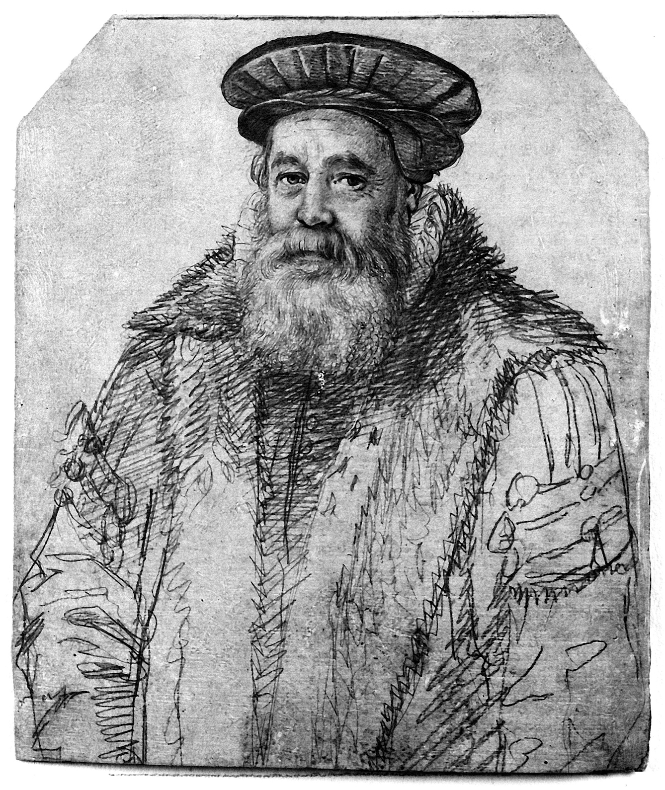 Black and white sketch of a bearded man in a heavy coat and Tudor-style bonnet.