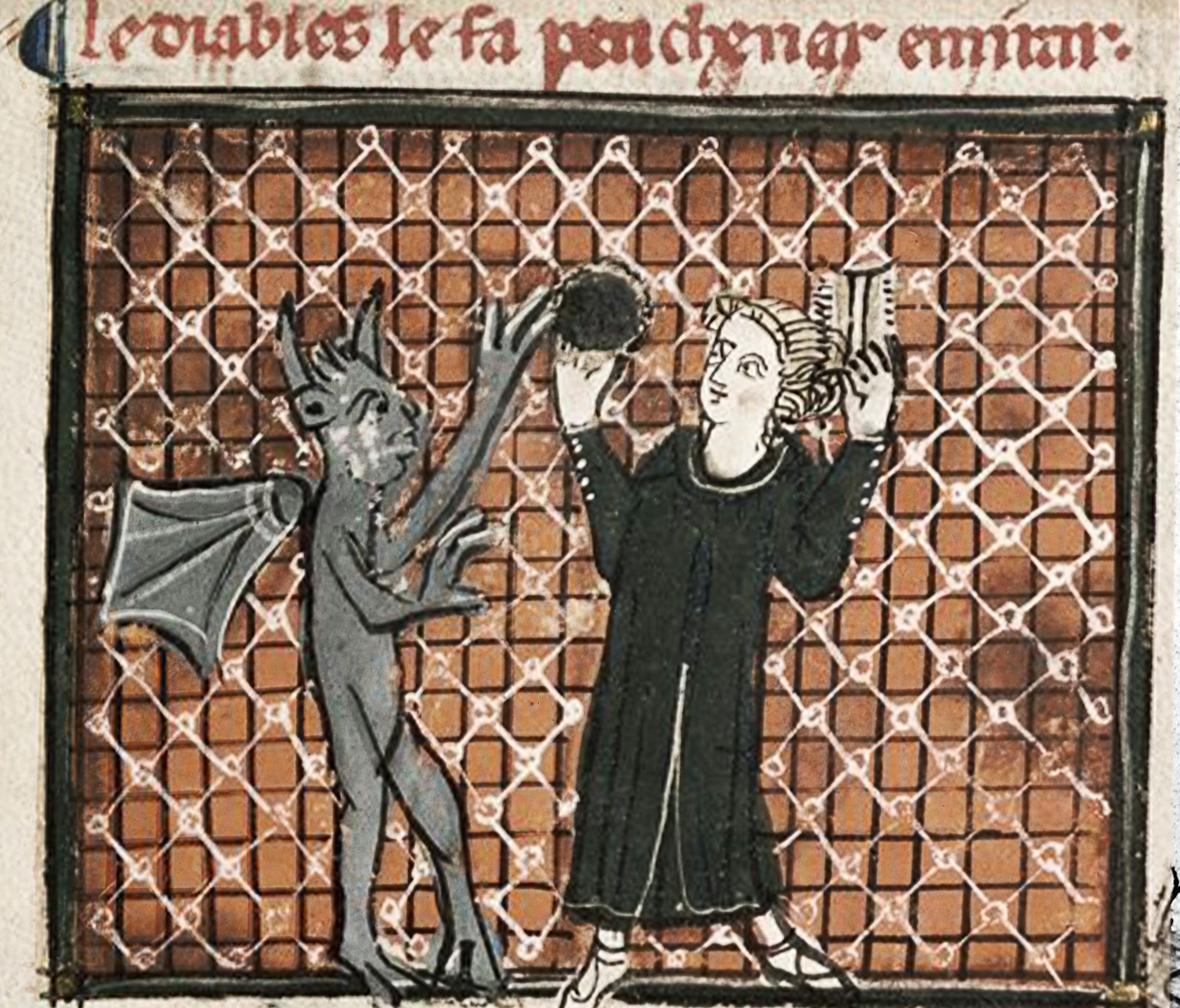 Manuscript image showing a devil tempting a woman through flattery as she gazes into a mirror and combs her hair.