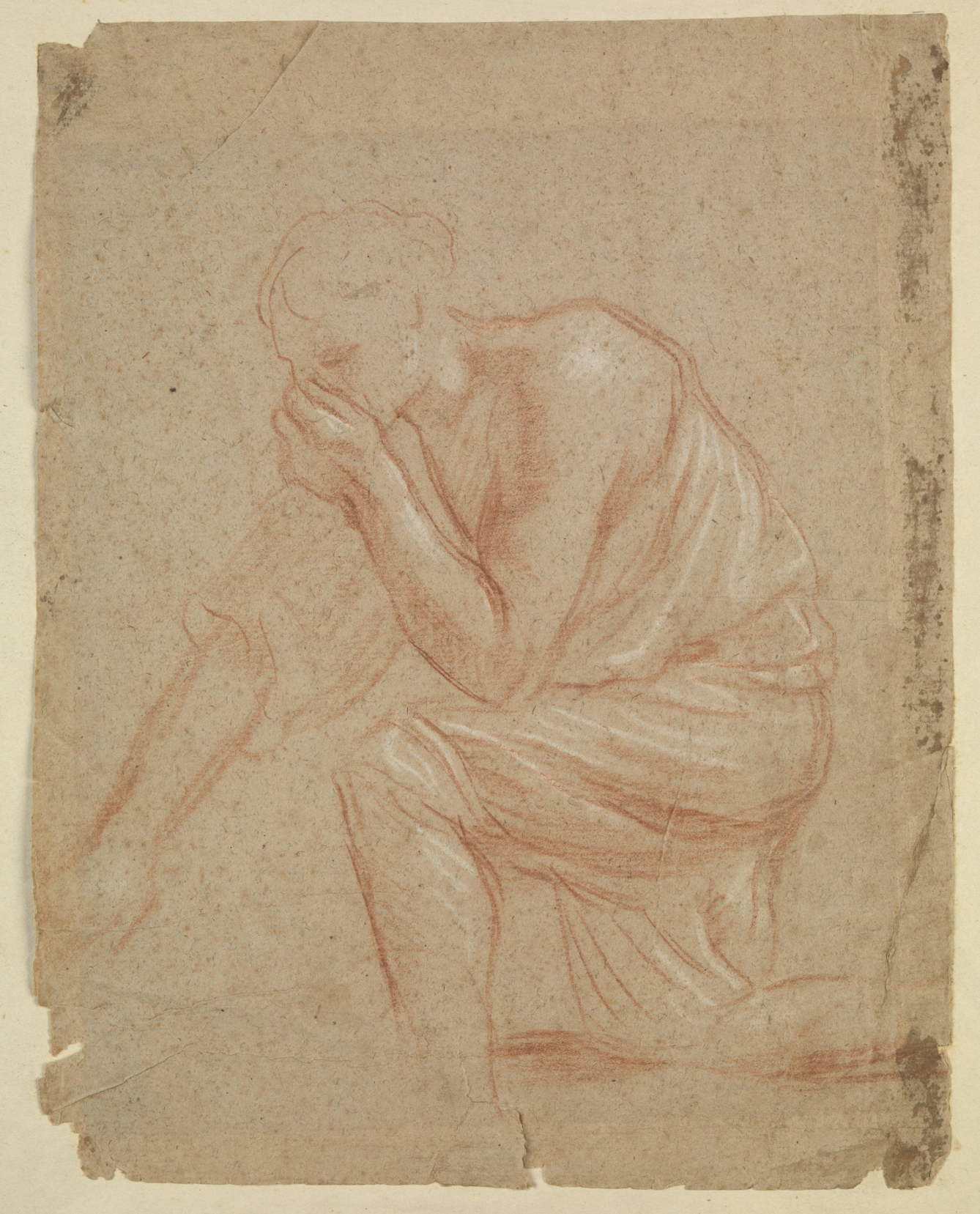 A faint sketch, in red and white pencil, of a man dressed in a robe kneeling on his right knee, with his left hand held to his nose.