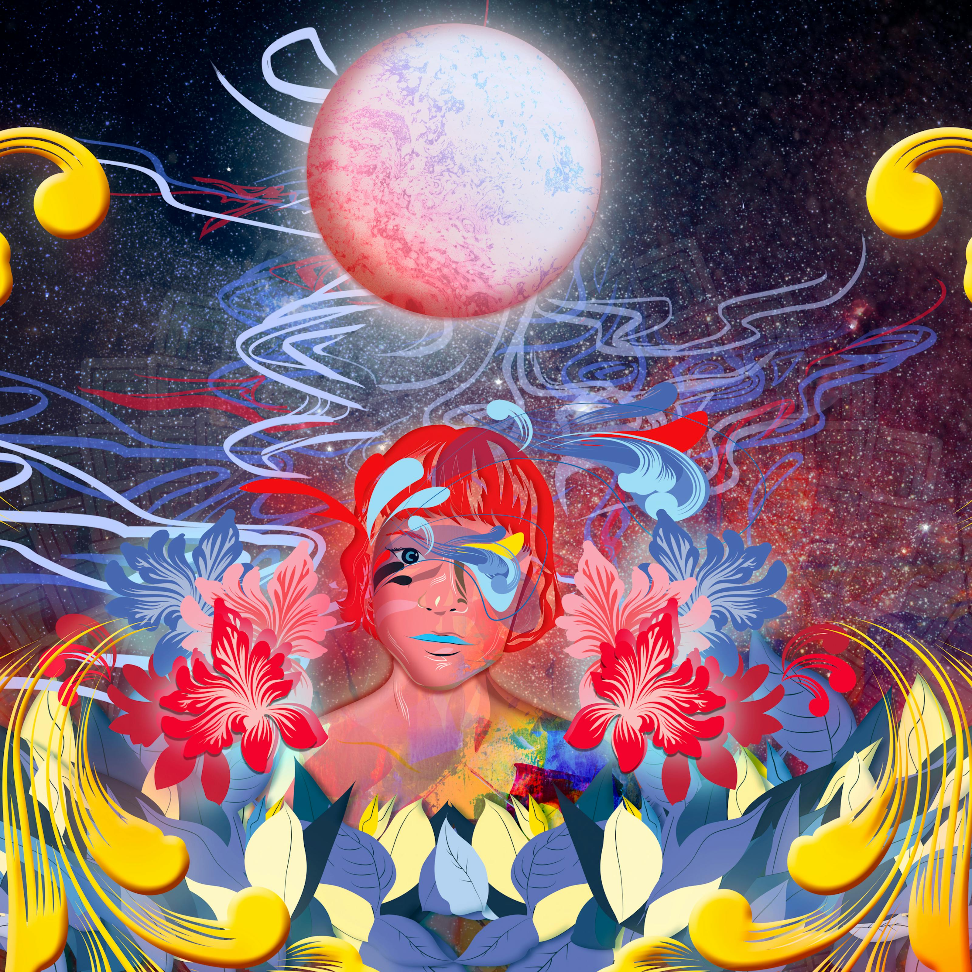 Digital artwork using a colourful, fantastical approach. The artwork shows the head of a woman in the centre against a cosmic, star scattered background. Above her head is a moon-like orb. Swirling over and around her head, and out to the edges of the image are floral motifs and squiggly lines of reds, yellow, oranges and blues. The whole scene has a dream-like feeling to it.