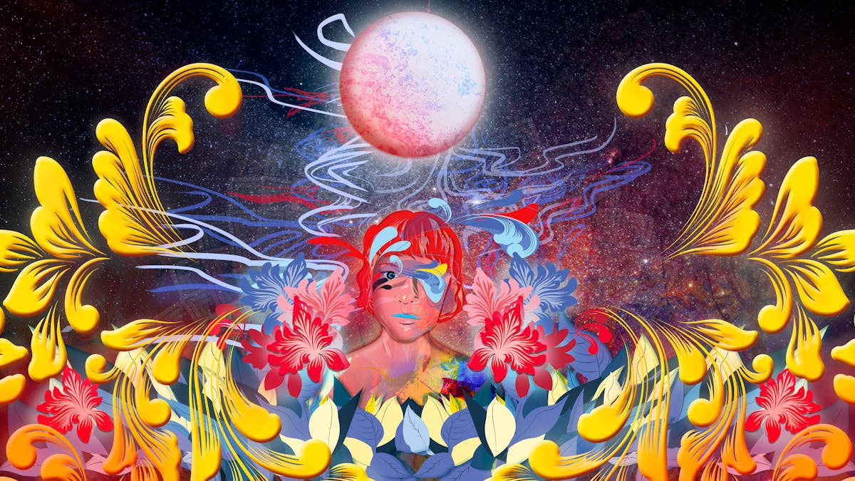 Digital artwork using a colourful, fantastical approach. The artwork shows the head of a woman in the centre against a cosmic, star scattered background. Above her head is a moon-like orb. Swirling over and around her head, and out to the edges of the image are floral motifs and squiggly lines of reds, yellow, oranges and blues. The whole scene has a dream-like feeling to it.