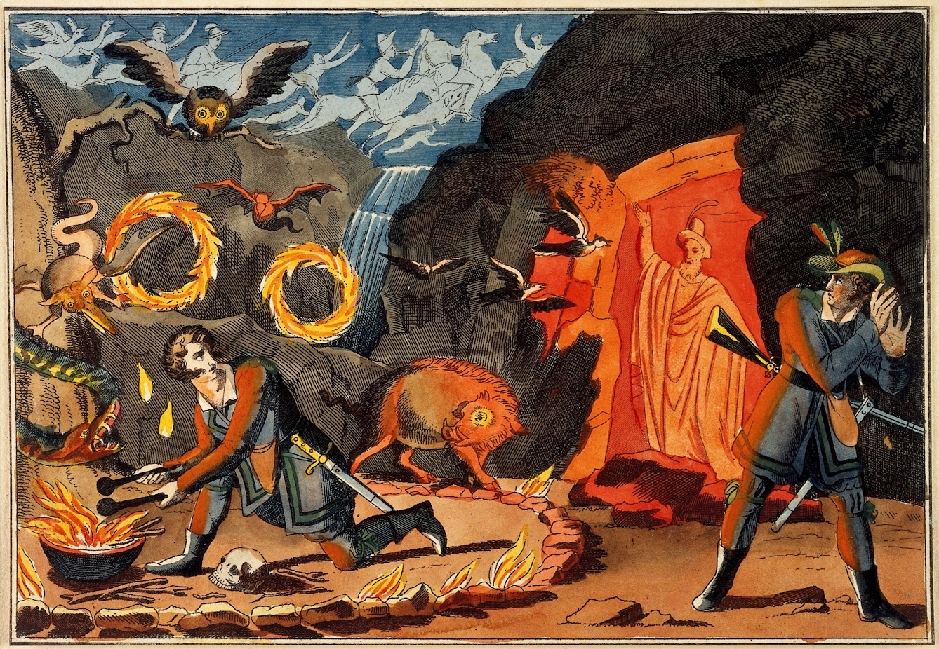 Coloured engraving showing a man conducting magic rites, devils and a ghost appearing, and a hunter cowering in terror. 