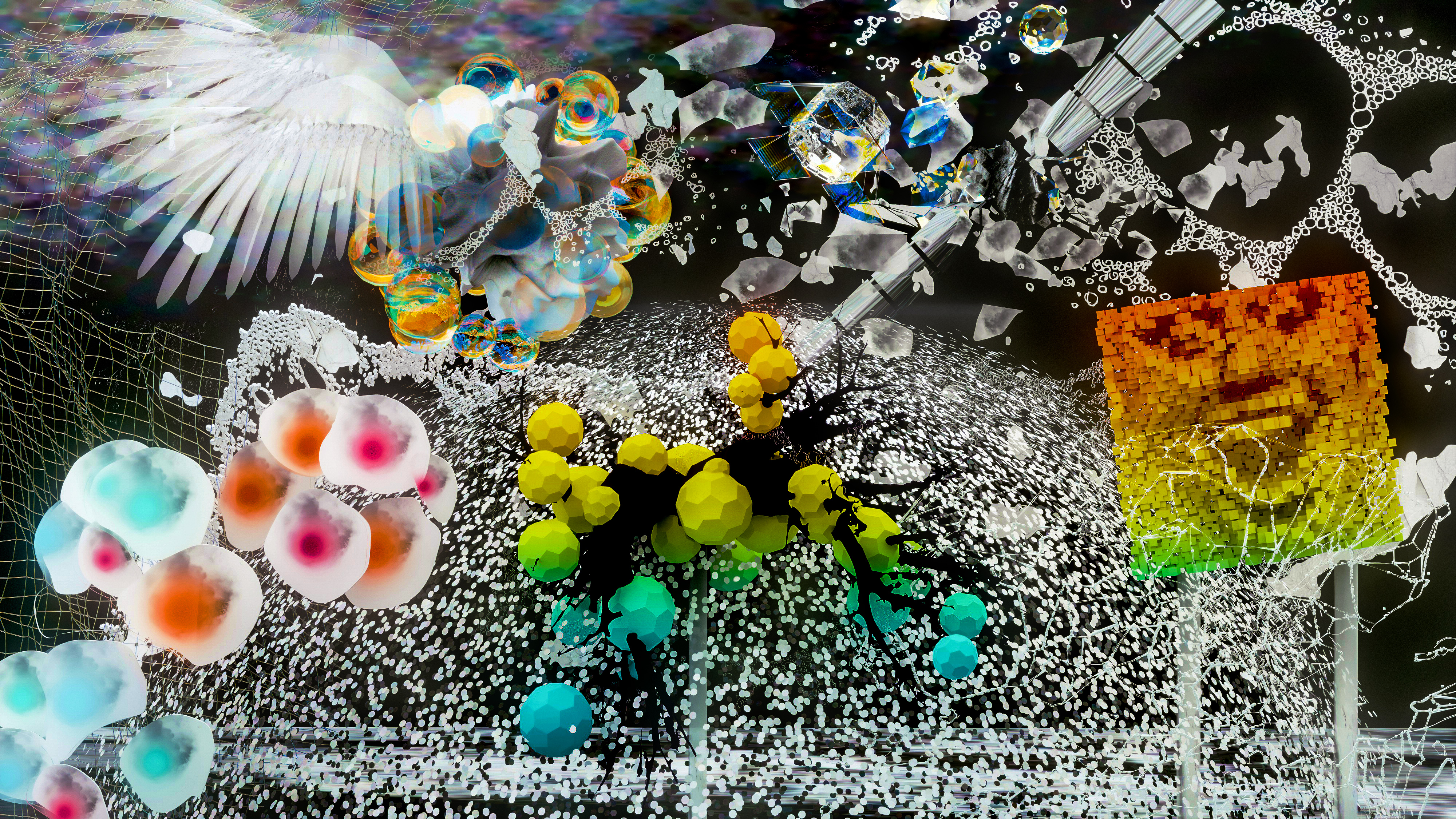 Mixed media artwork depicting a large and detailed diorama. The scene is rich in details of angel wings, bubble, topographical contour lines, coloured geometric orbs, and a multitude of other shapes and objects. The basis of the artwork is black and white in tone, but it is punctuated by brightly coloured objects and elements, in tones of yellows, blues, pinks, reds and greens.