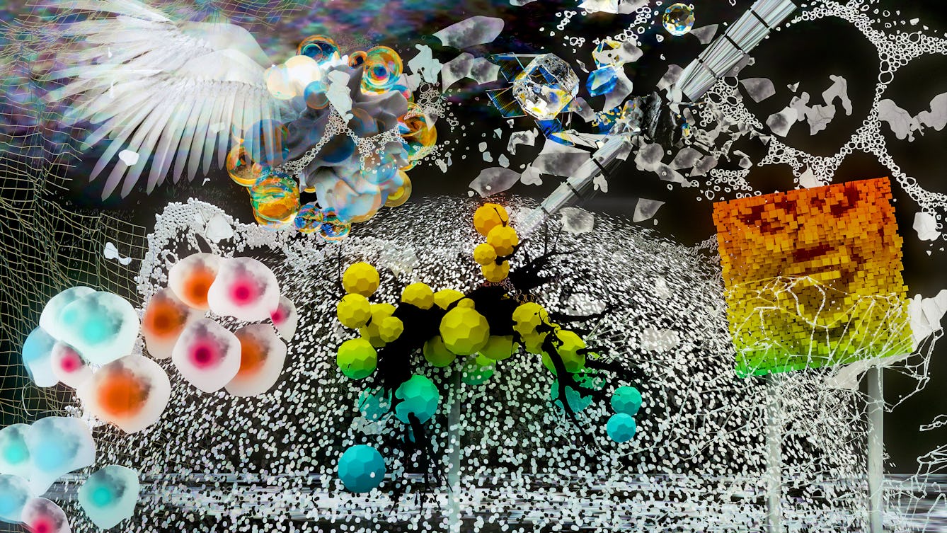 Mixed media artwork depicting a large and detailed diorama. The scene is rich in details of angel wings, bubble, topographical contour lines, coloured geometric orbs, and a multitude of other shapes and objects. The basis of the artwork is black and white in tone, but it is punctuated by brightly coloured objects and elements, in tones of yellows, blues, pinks, reds and greens.