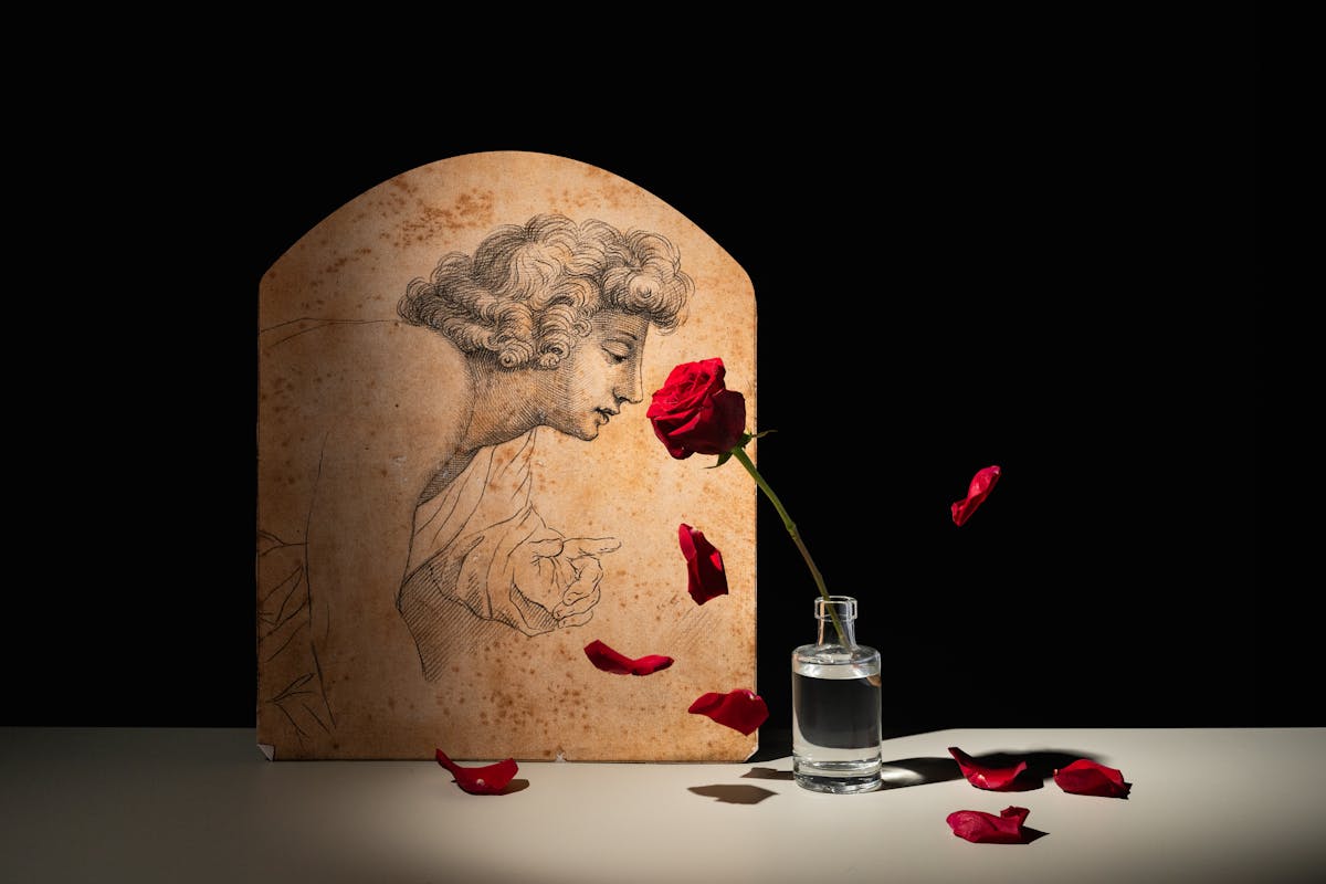 A photograph of a sketch of a young boy in profile and leaning forward, positioned next to a red rose. The rose is set in a glass container of water, with it's petals falling and lying around the base of the flower.