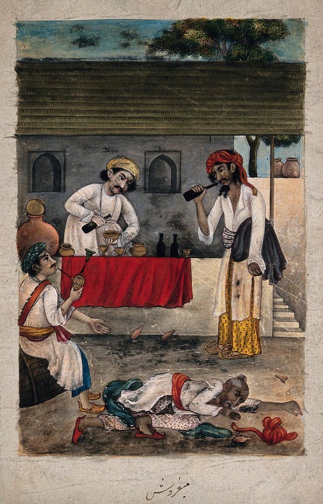 A colour painting featuring four men drinking and smoking. Two are standing, one is sitting, and one is lying on the floor. One of the men is standing beside a table, pouring liquid into a glass. The scene is taking place outside, with a low-rise building in the background.