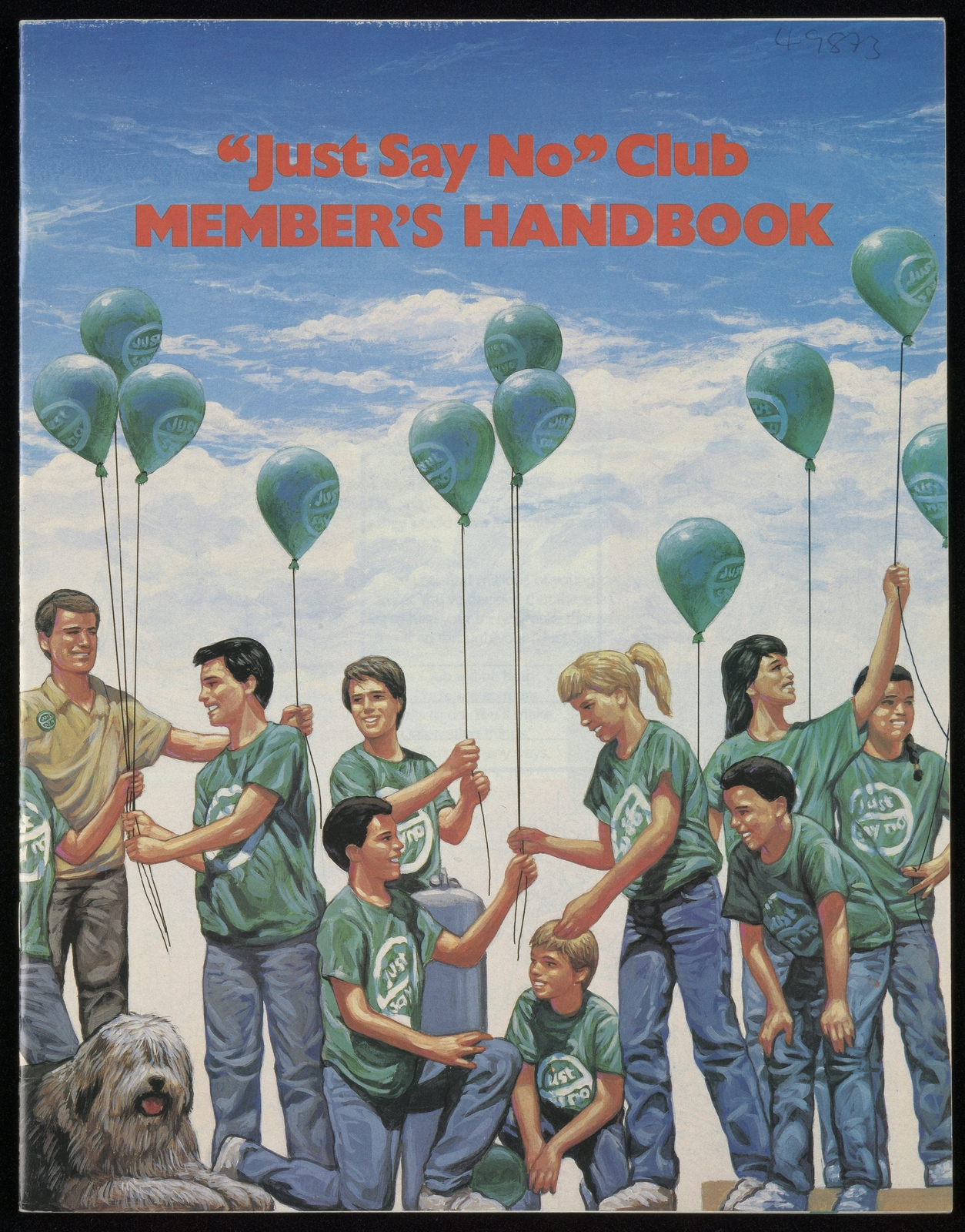 The front cover of the Just Say No Club handbook featuring an illustration of young children, all wearing blue jeans and green t-shirts, holding balloons with the Just Say No logo on them.