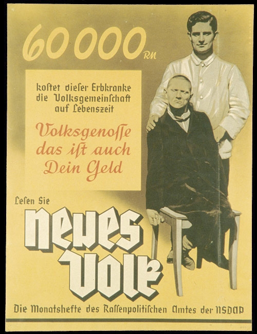 German eugenics propagand showing a seated disabled man with a male attendant in an white jacket standing behind him.