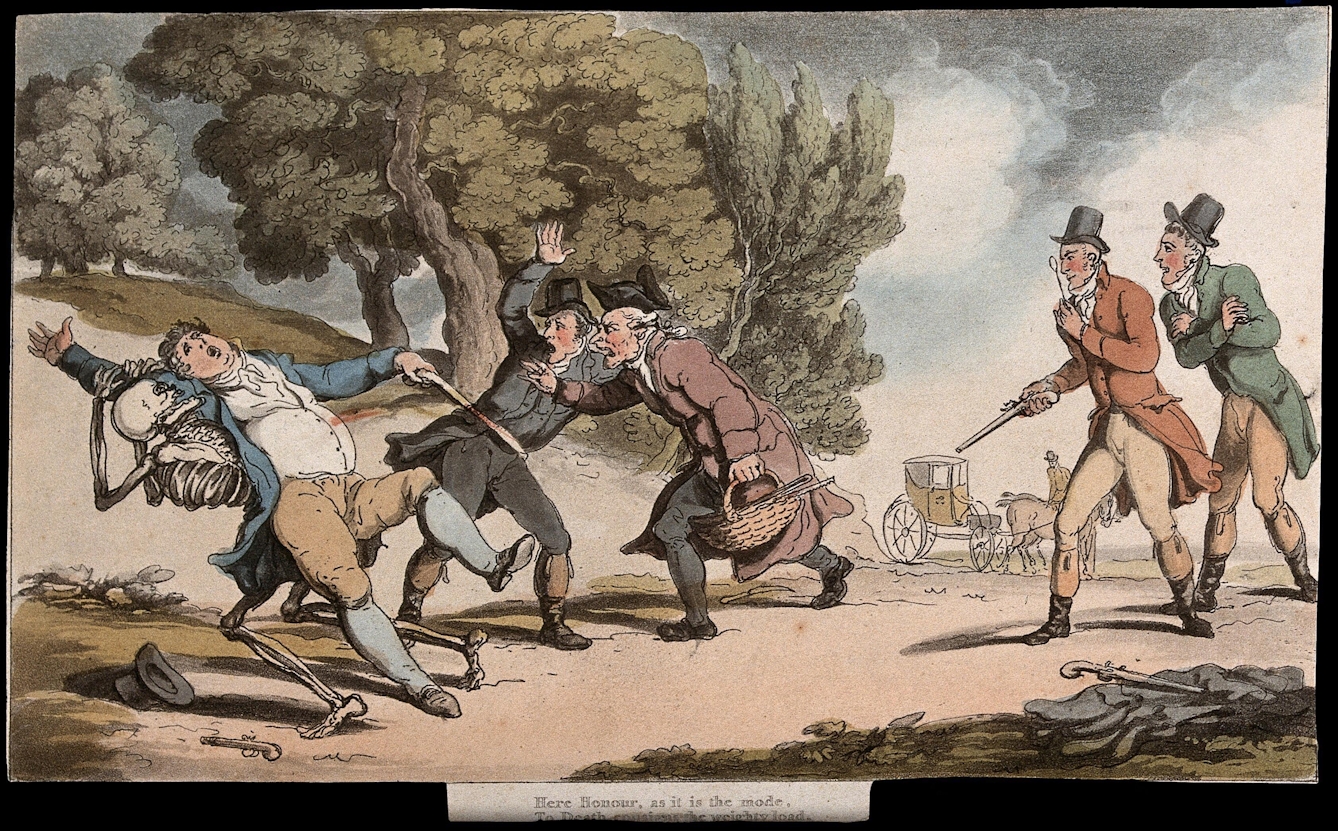 An aquatint of a group of men engaged in a pistol duel in a woodland setting. An injured man has fallen backwards and a skeleton is supporting him from falling to the ground by clinging to him. Two men look scared of the skeleton, whilst the injured man's duel opponent and companion observe from the sidelines. 