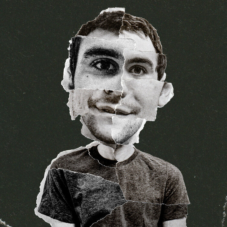 Black and white head and shoulders collaged artwork showing a portrait of Gergo Varga.