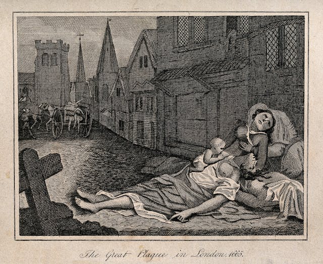 Black and white etching showing a London street with several bodies laying dead in the foreground. A baby appears to be trying to feed from the breast of one corpse. In the background, a cart is taking away more bodies towards a church tower.