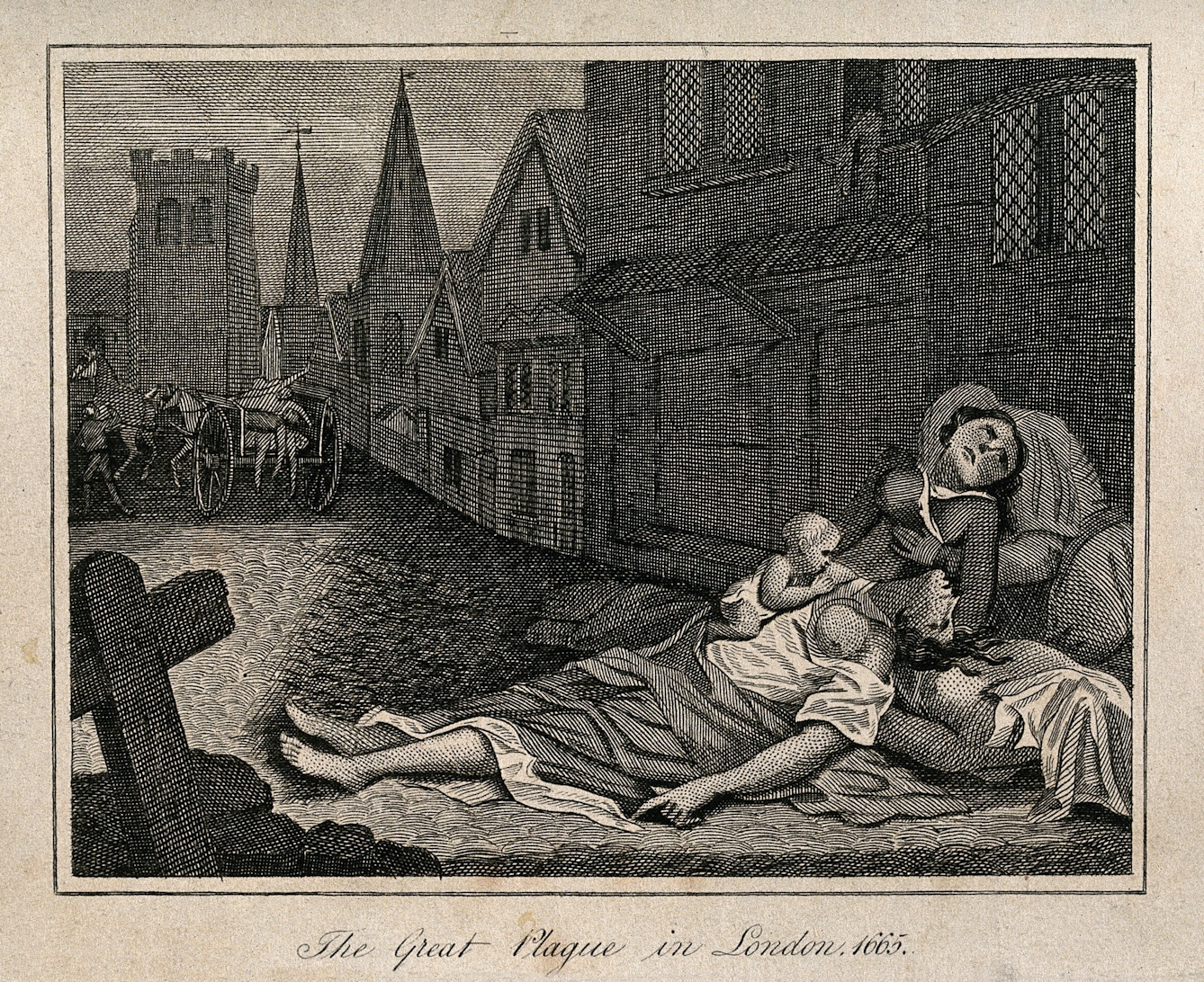 Black and white etching showing a London street with several bodies laying dead in the foreground. A baby appears to be trying to feed from the breast of one corpse. In the background, a cart is taking away more bodies towards a church tower.