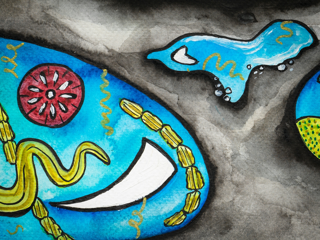 Detail from a larger colourful artwork. The artwork shows a grey floor with a blue pool and puddle. Within these are various colourful vines, leaves and abstract objects.