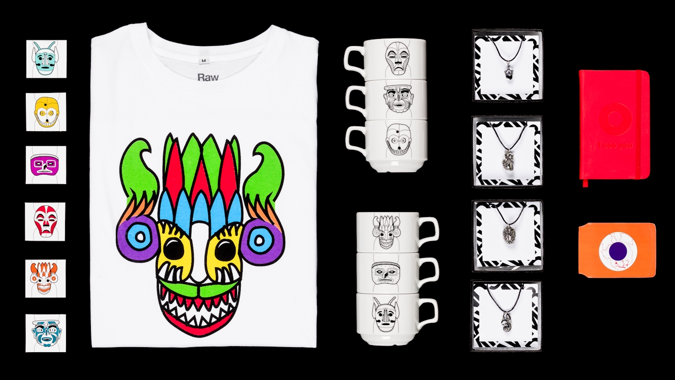 Photograph of products created by the RawMinds group, including T-shirts, mugs and jewellery.