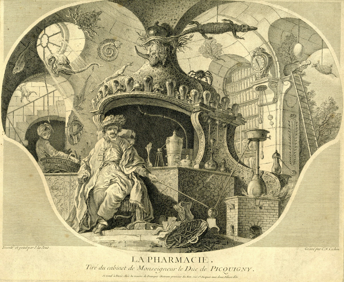 18th century engraving of an 18th century pharmacist in his shop, surrounded by all the paraphernalia of his trade.