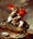 A military man in a red cloak sits astride a white horse, which is rearing up.