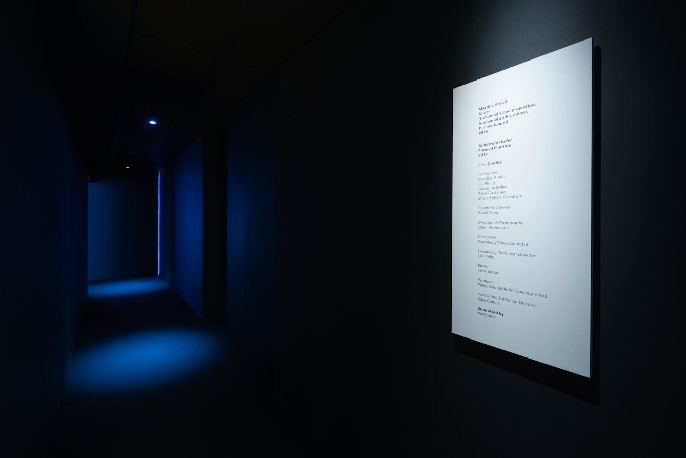 Photograph of a dark gallery corridor leading into another room. On the wall is a large text panel. The dark corridor is lit with two blue spotlights.