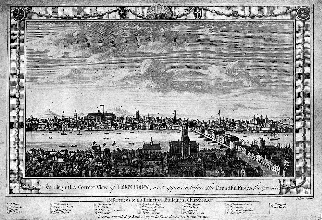 Black and white etching of London in 1666 before the Great Fire, showing a bridge to the right and with various landmarks such as the old St Paul's Cathedral in the centre background. 