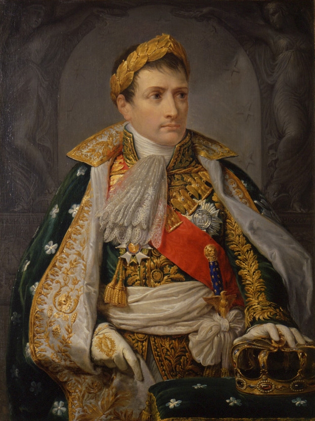 Colour painting of a powerful man in military dress and wearing a wreath wrought from gold.
