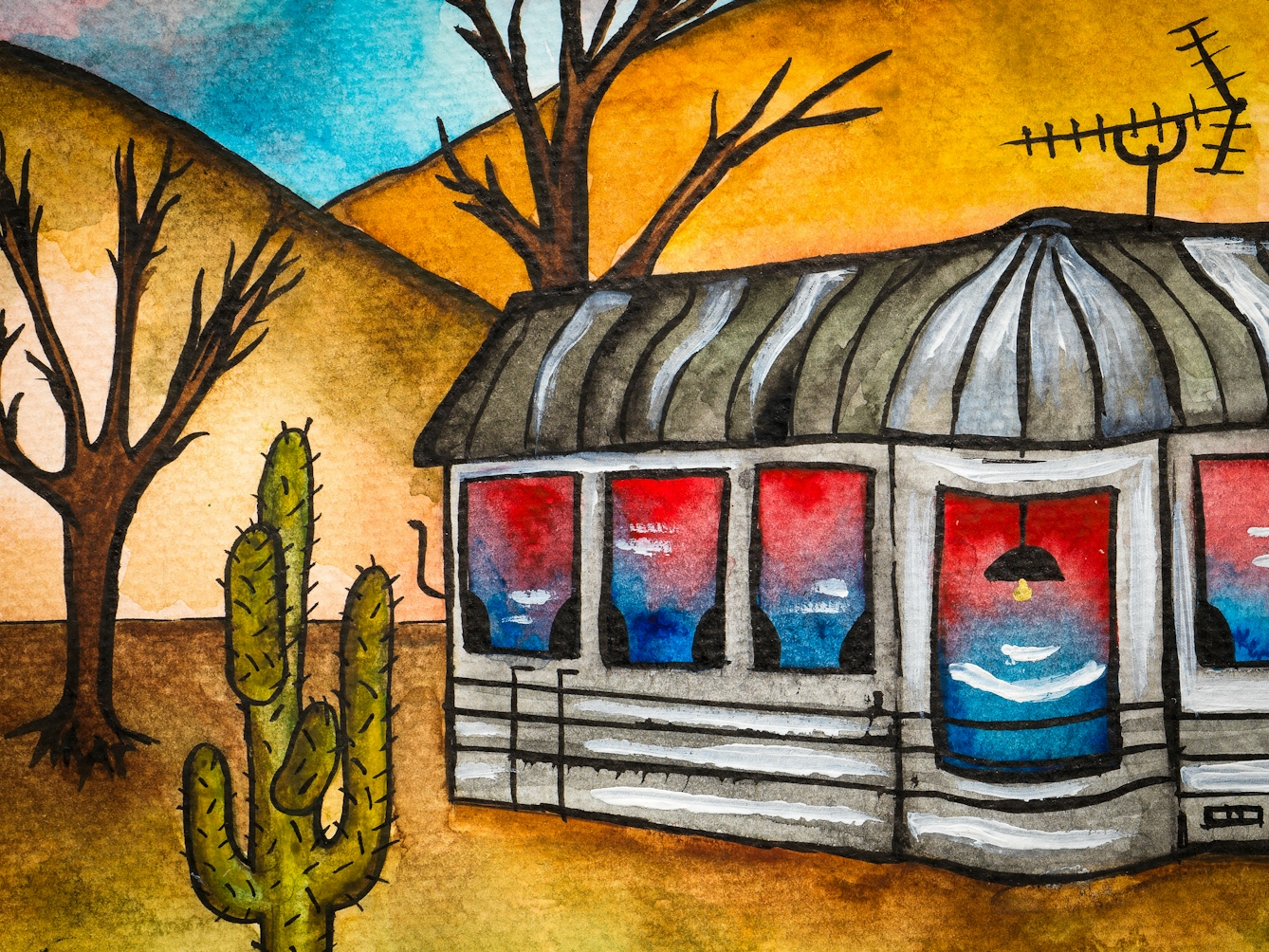 Detail from a larger colourful artwork. The artwork shows a grey building with an aerial on the roof. To the left of this, there are several trees with bare branches and a large cactus. The ground is brown and orange. 