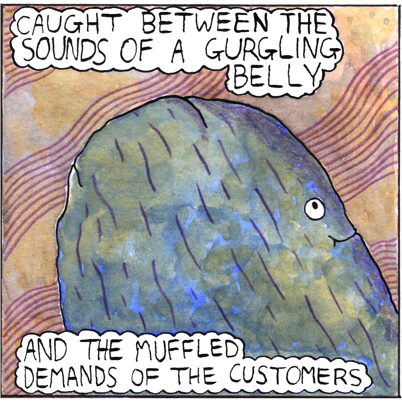 Panel 2 of the web comic 'Nutmeg': A close of side view of the nutmeg’s smiling face fills most of the panel. The text bubbles read “Caught between the sounds of a gurgling belly and the muffled demands of the customers”. 
