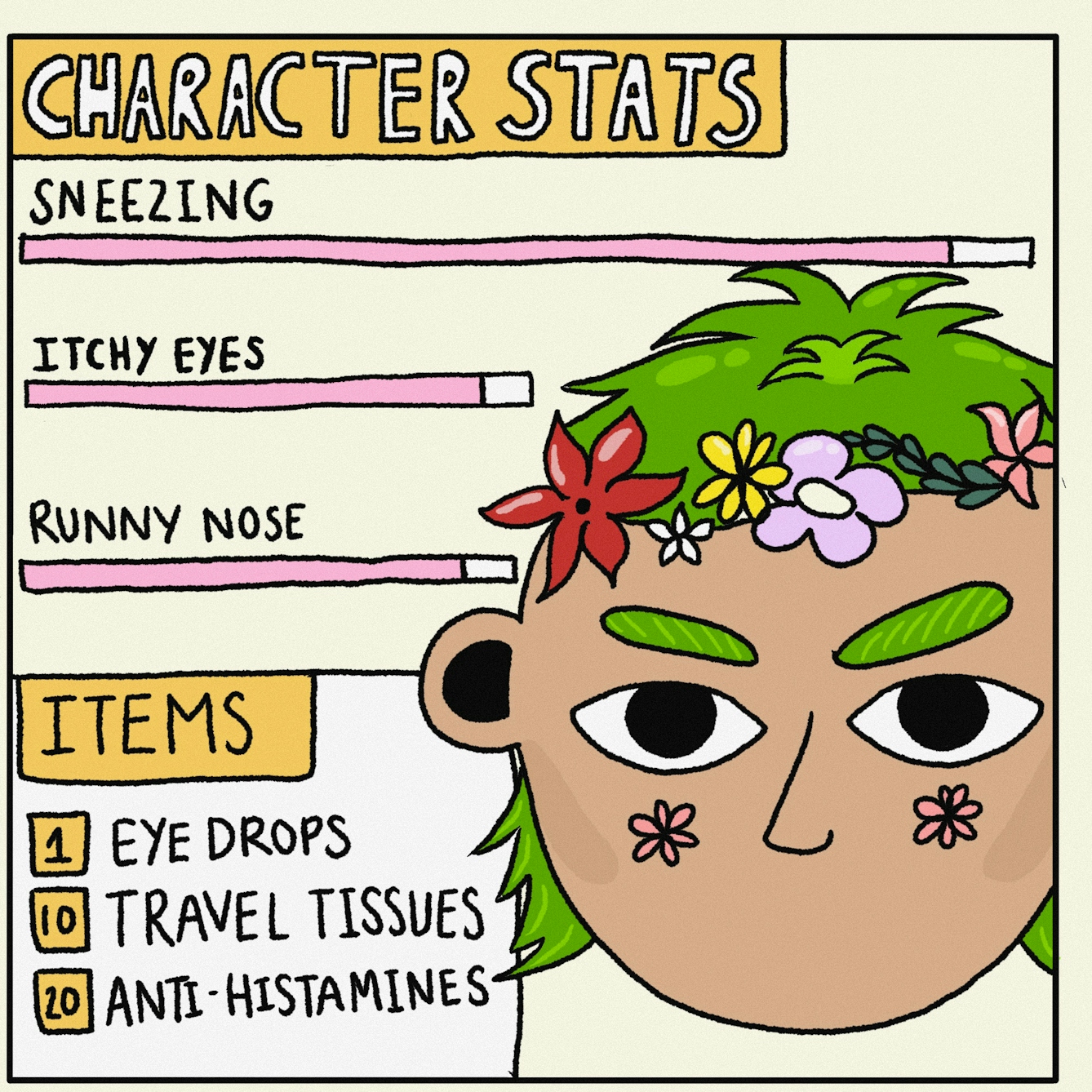 Panel 2 of a digitally drawn, four-panel comic titled ‘Nope’. The text at the top says ‘CHARACTER STATS’. The sliders show this character suffers badly with sneezing, itchy eyes and a runny nose, and carries eye drops, travel tissues and lots of anti-histamine. 