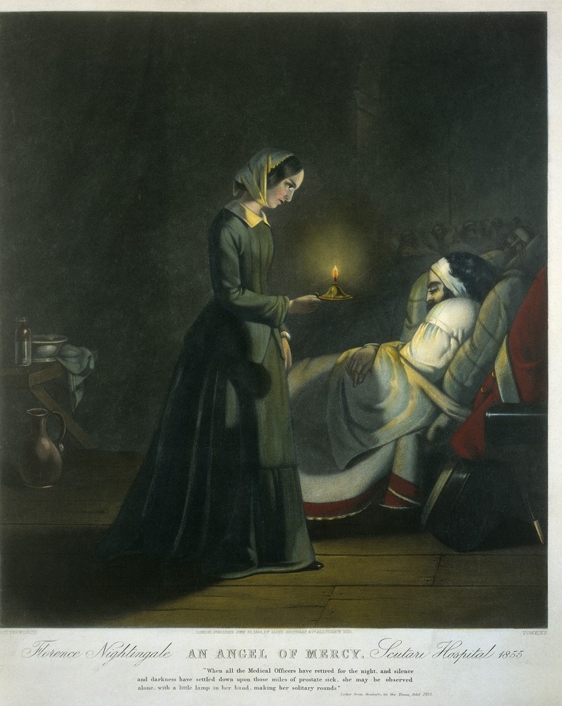 Coloured drawing of a women wearing a nurse's bonnet and long dress holding a candle up to a patient, in bed.