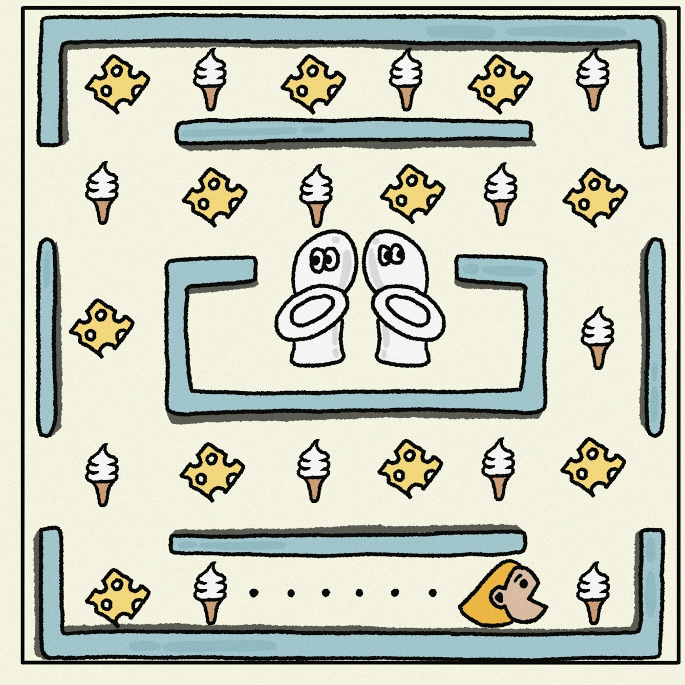Panel 3 of a digitally drawn, four-panel comic titled ‘Down the Toilet’. In a Pacman-style game, the character must avoid eating dairy and make it safely to the toilets in the centre. Unfortunately, the character is heading towards eating an ice cream as soon as the game starts.