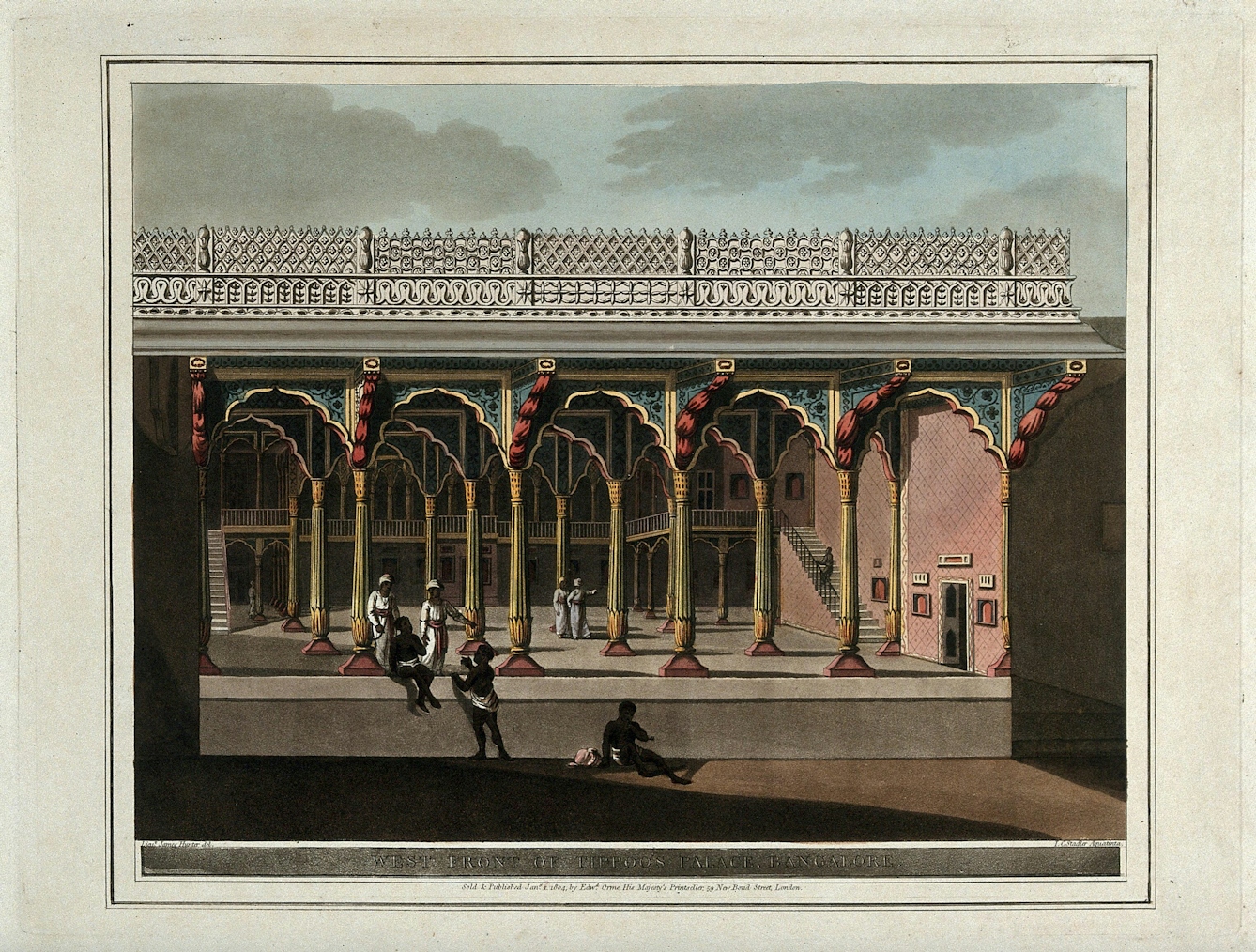 Coloured print - etching and aquatint with watercolour. The image shows Tipu's palace which is very opulent with pink walls and bright painted columns and paintings on display. There are a number of figures outside the palace, which are problematic due to their caricured nature. Text along the bottom reads 'West front of Tippoo's palace, Bangalore'. 