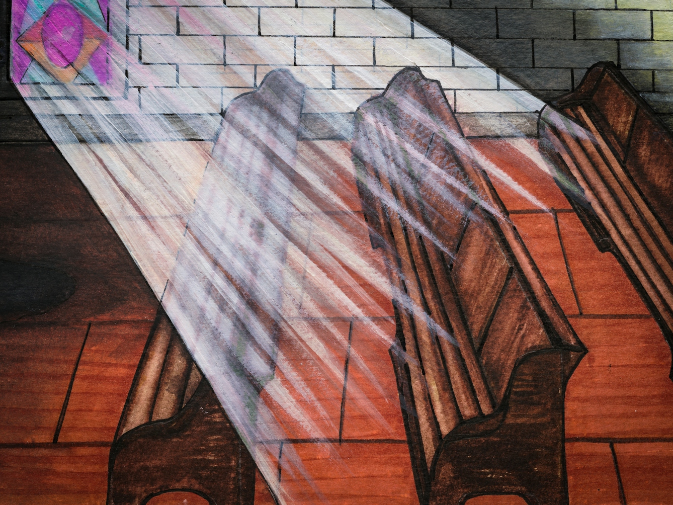 Detail from larger colourful artwork made with paint and ink on textured watercolour paper. The artwork shows a scene in a church with predominantly hues of greys, browns and purples. In the foreground are 3 rows of pews bathed in a shaft of light streaming in through an arch shaped purple patterned stained glass window in the grey brick wall behind.