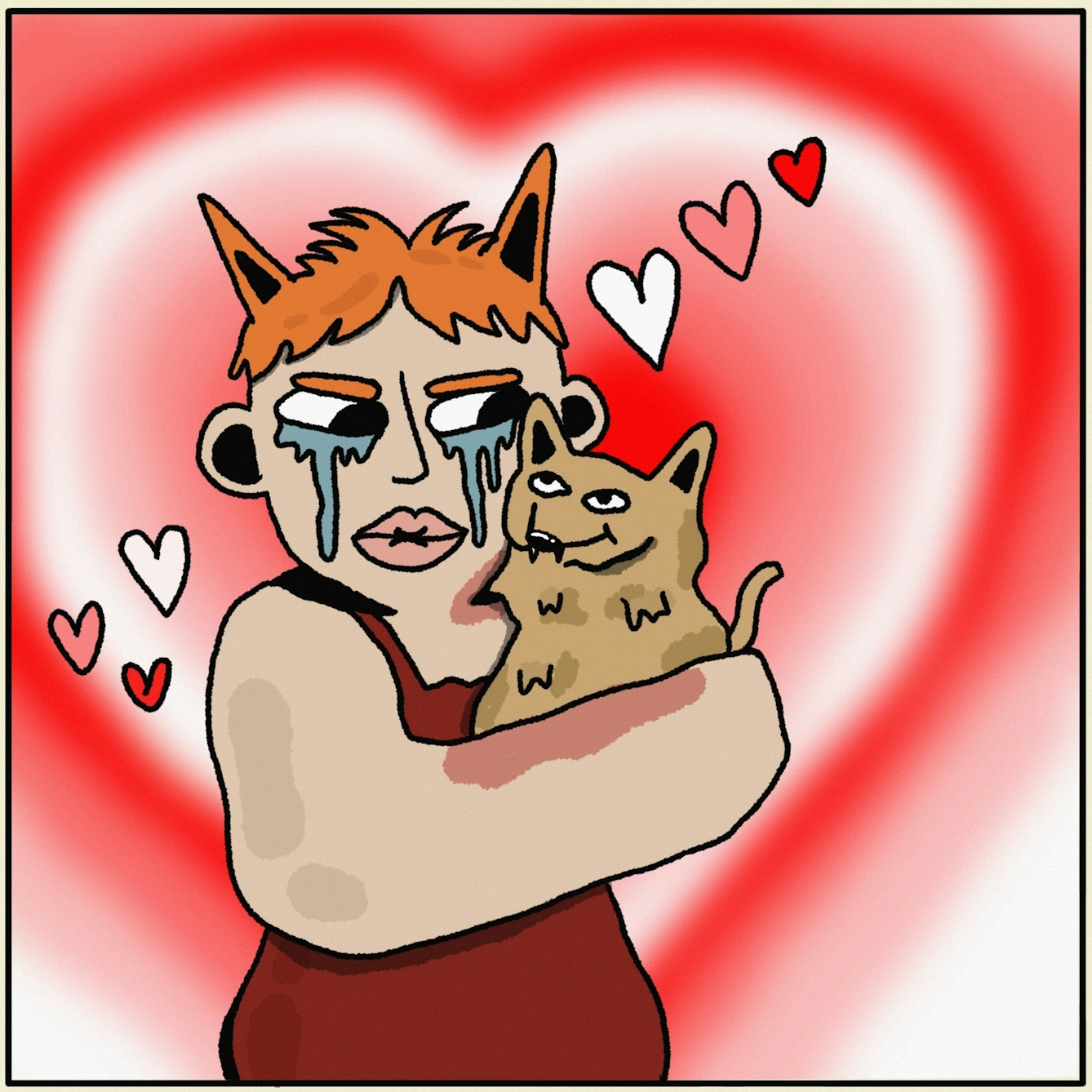 Panel 4 of a digitally drawn, four-panel comic titled ‘Zoning’. Your character, with their little self-control, is already hugging the dog. Their eyes are watery eyes and they’re surrounded in love hearts. 