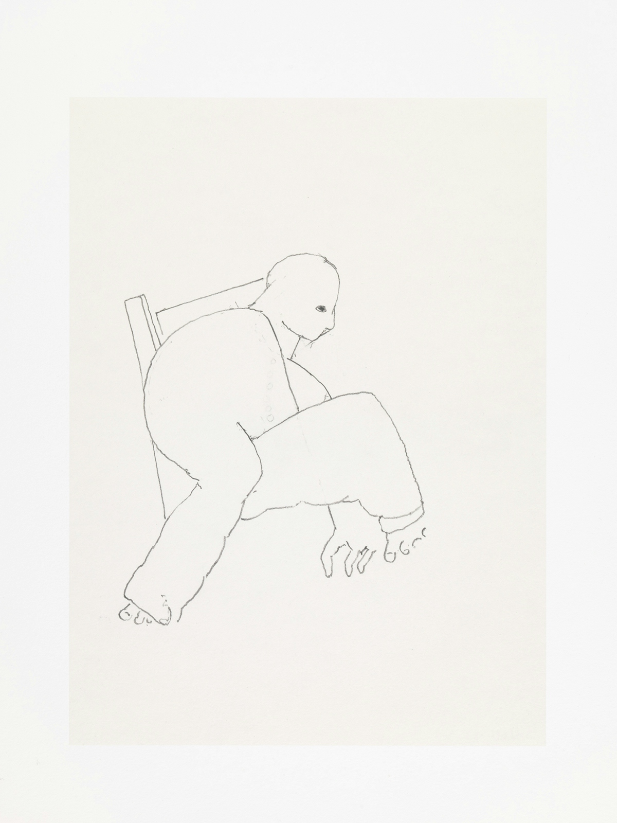 The image shows a black and white, rather abstract drawing of a twisted figure in a chair.