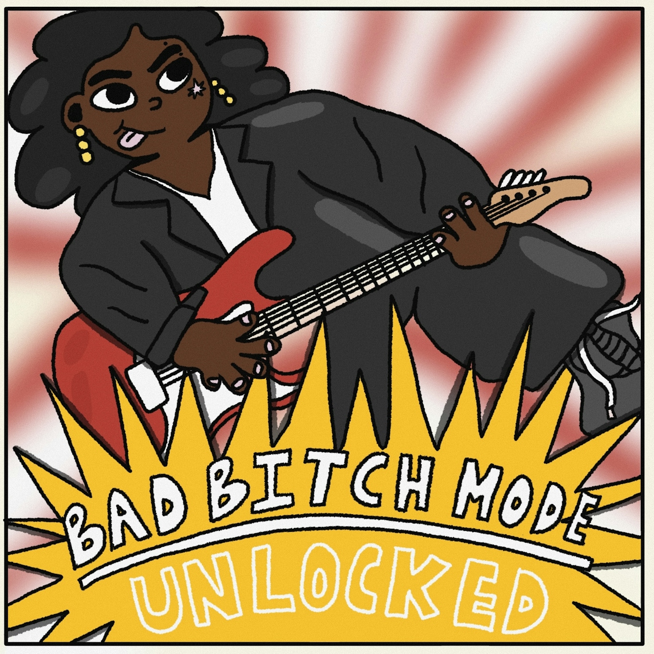 Panel 4 of a digitally drawn, four-panel comic titled ‘Winning’. Your character has levelled up. In big, bold letters it reads: “BAD BITCH MODE UNLOCKED”. Your character is celebrating, wearing their new earrings which they have not reacted to, and playing their guitar with a smile. 
