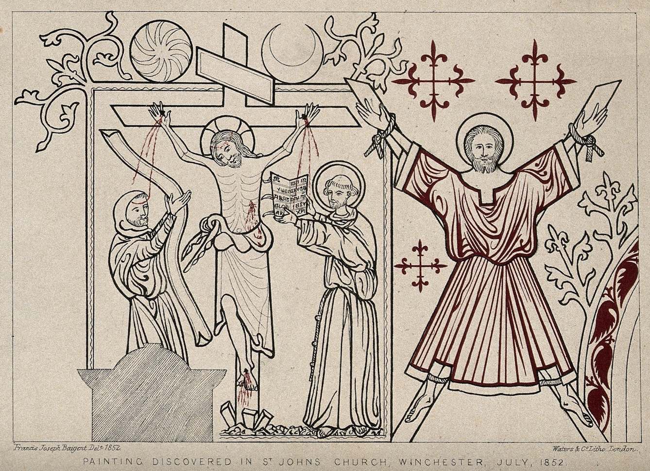Black and white line drawing of the crucifixion of Jesus Christ, on a +-shaped cross, and the crucifixion of Saint Andrew, on an x-shaped cross. 