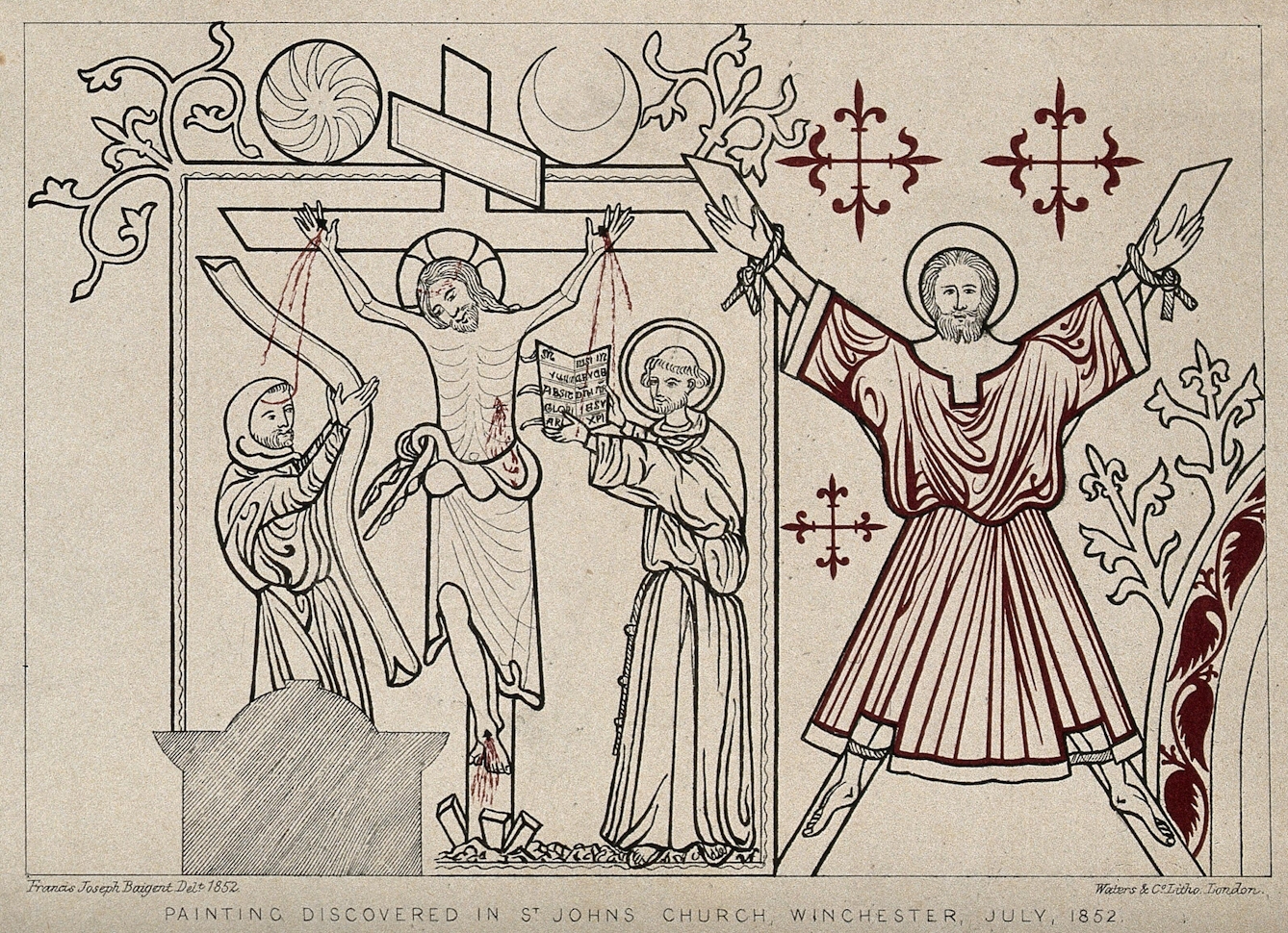 Black and white line drawing of the crucifixion of Jesus Christ, on a +-shaped cross, and the crucifixion of Saint Andrew, on an x-shaped cross.