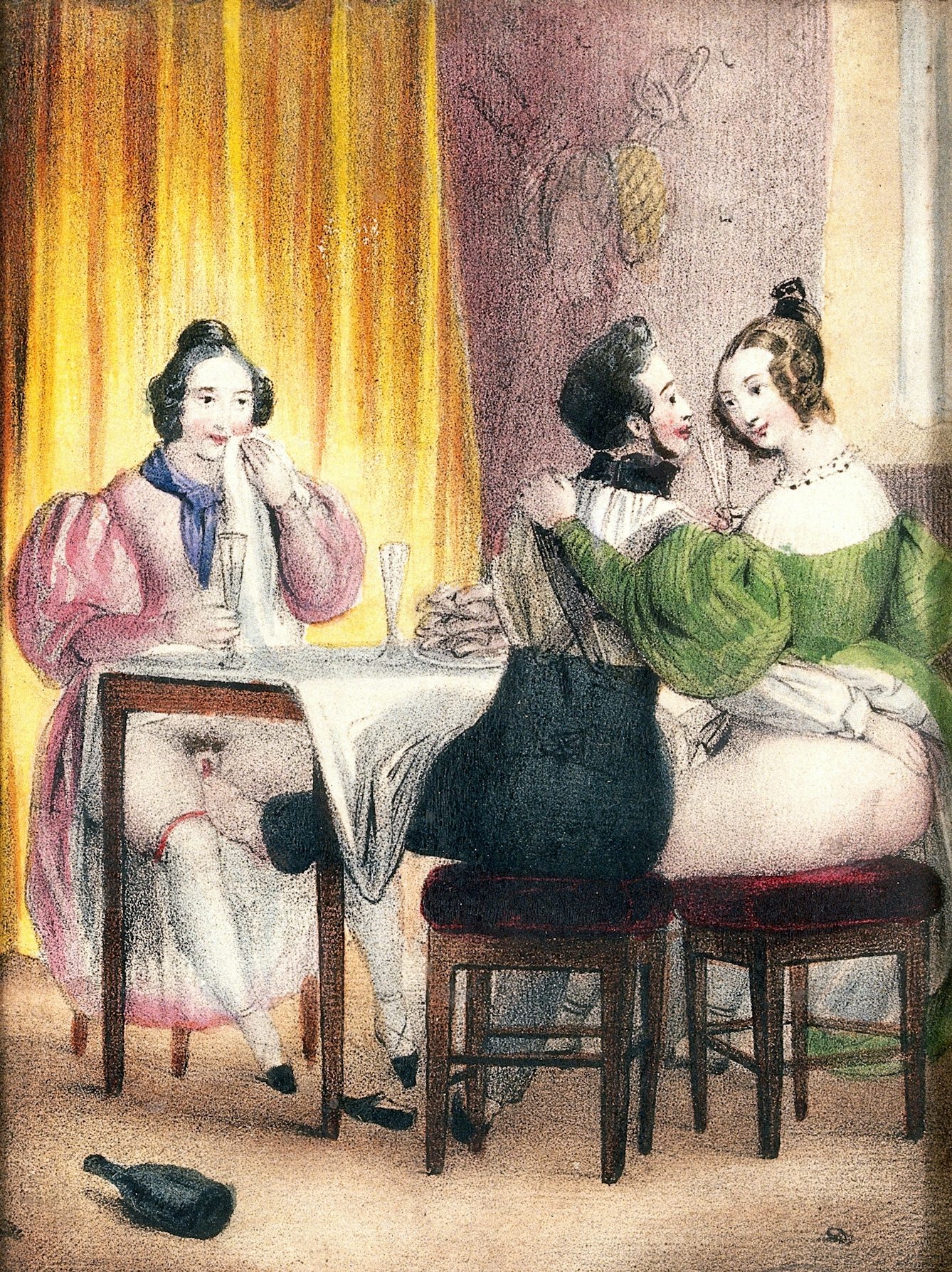While dining with two women, a man pleasures one of them with his foot. Coloured lithograph, c.1830