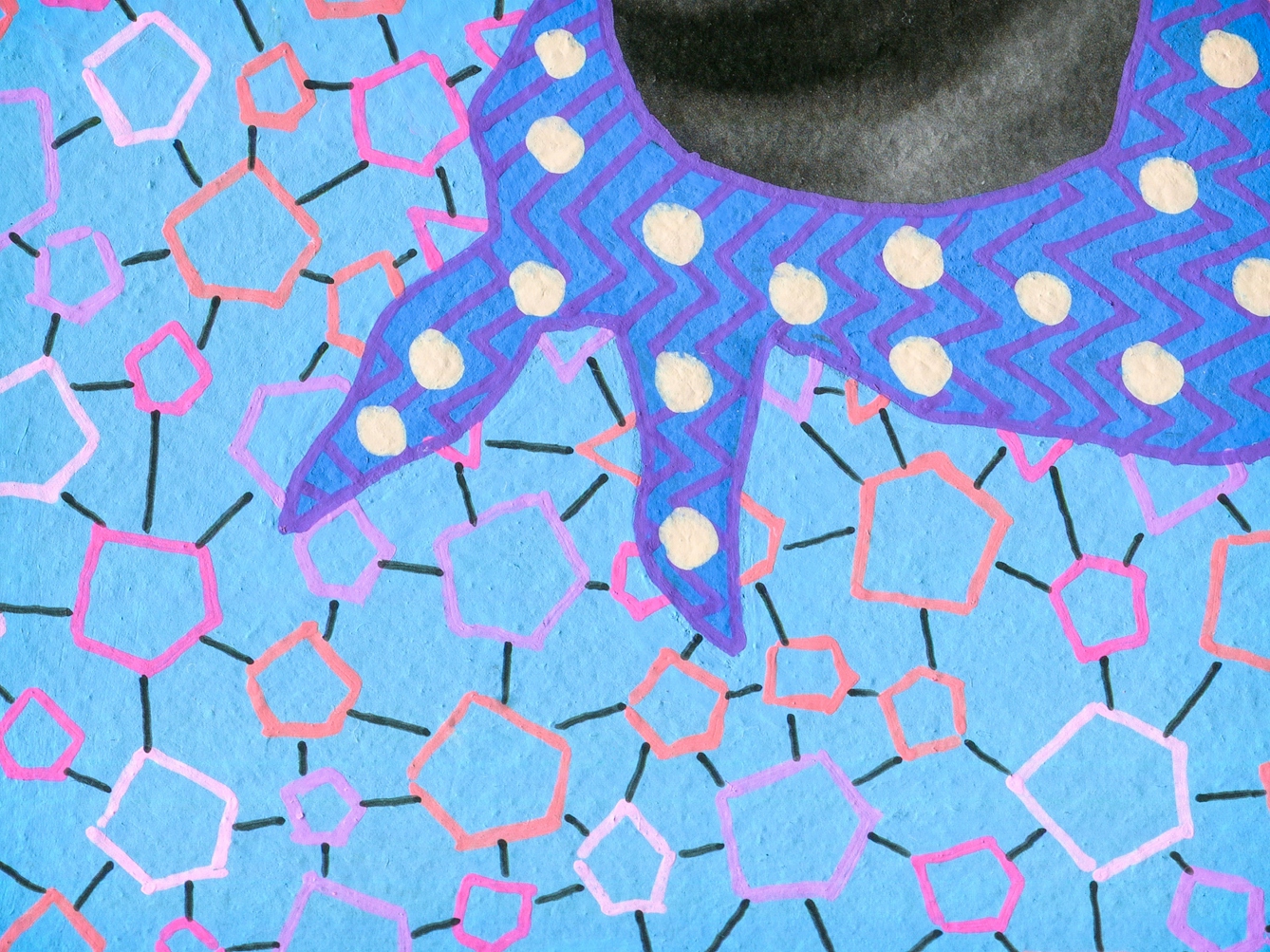 Artwork created by painting over the surface of a black and white photographic print with colourful paint. The artwork shows the original neck of a man from the photograph beneath in the top right. The individual's cloths are painted with a blue background and covered in orange, pink and purple linked hexagons. Around his neck is a neckerchief painted a darker blue with purple zig-zag lines and yellow spots. The texture of the paint can be seen, including the boundary between the painted area and the original photographic print.