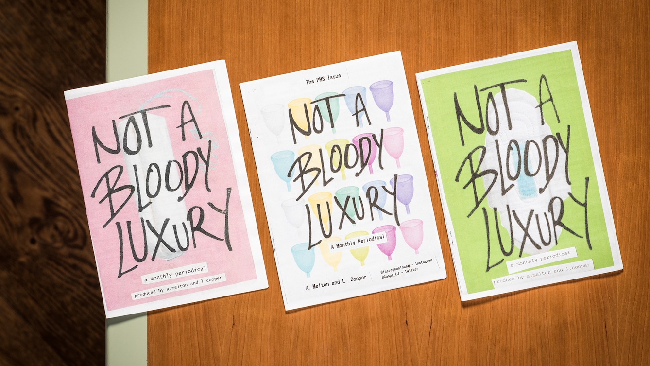 Photograph of ’Not a Bloody Luxury’ zine on a library desk