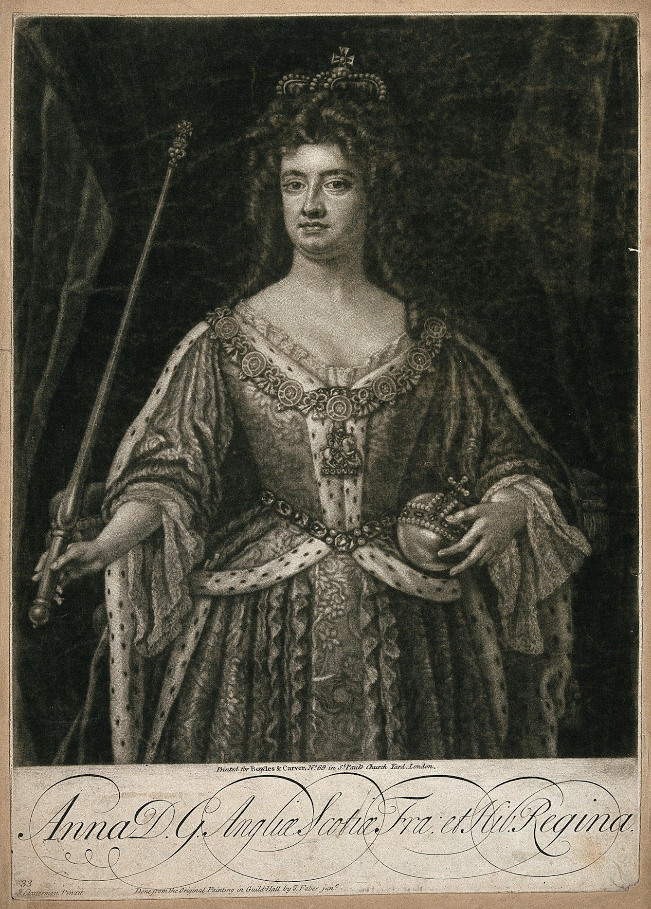Mezzotint of Queen Anne of Great Britain, holding an orb and a sceptre. Anne has a regal demenour and wears an embellished dress and bejewelled crown. 
