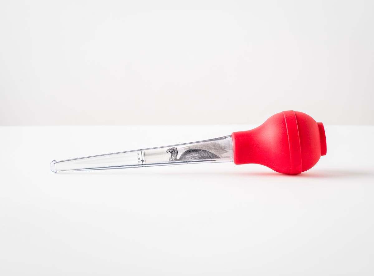 Photograph of a glass turkey-baster with a bright red rubber bulb, lying on its side on a white background with a horizon line. Rolled up in the glass tube is a black and white archive etching of a turkey.