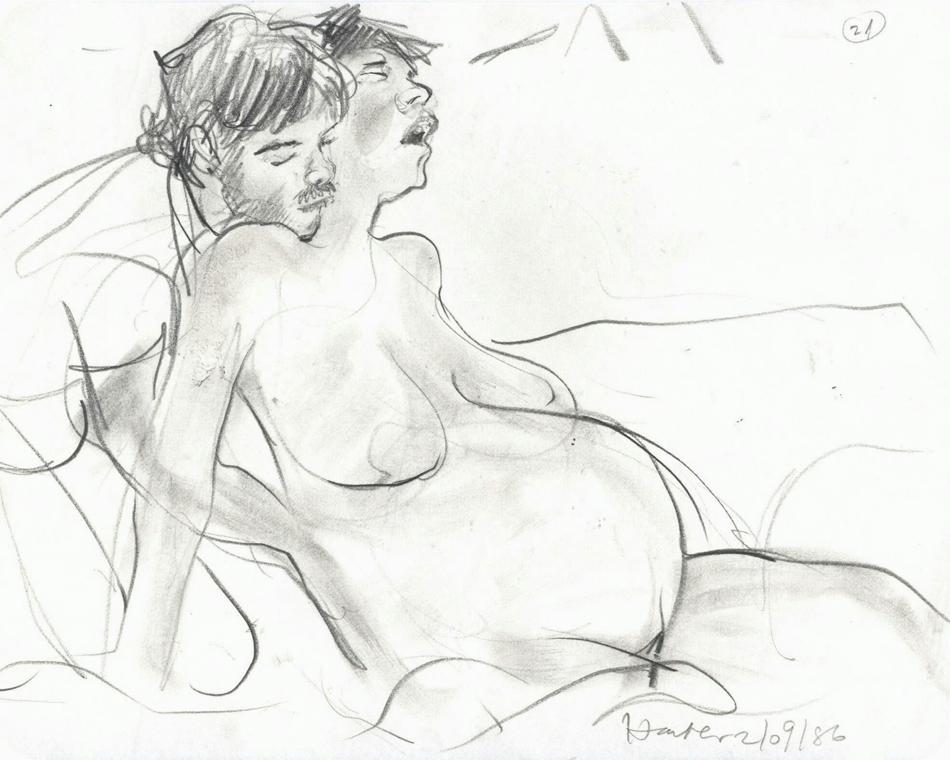 Pencil sketch showing a naked woman in labour being assisted by a man who is supporting her back. The woman's mouth is open and eyes are closed, and she appears to be in pain. 