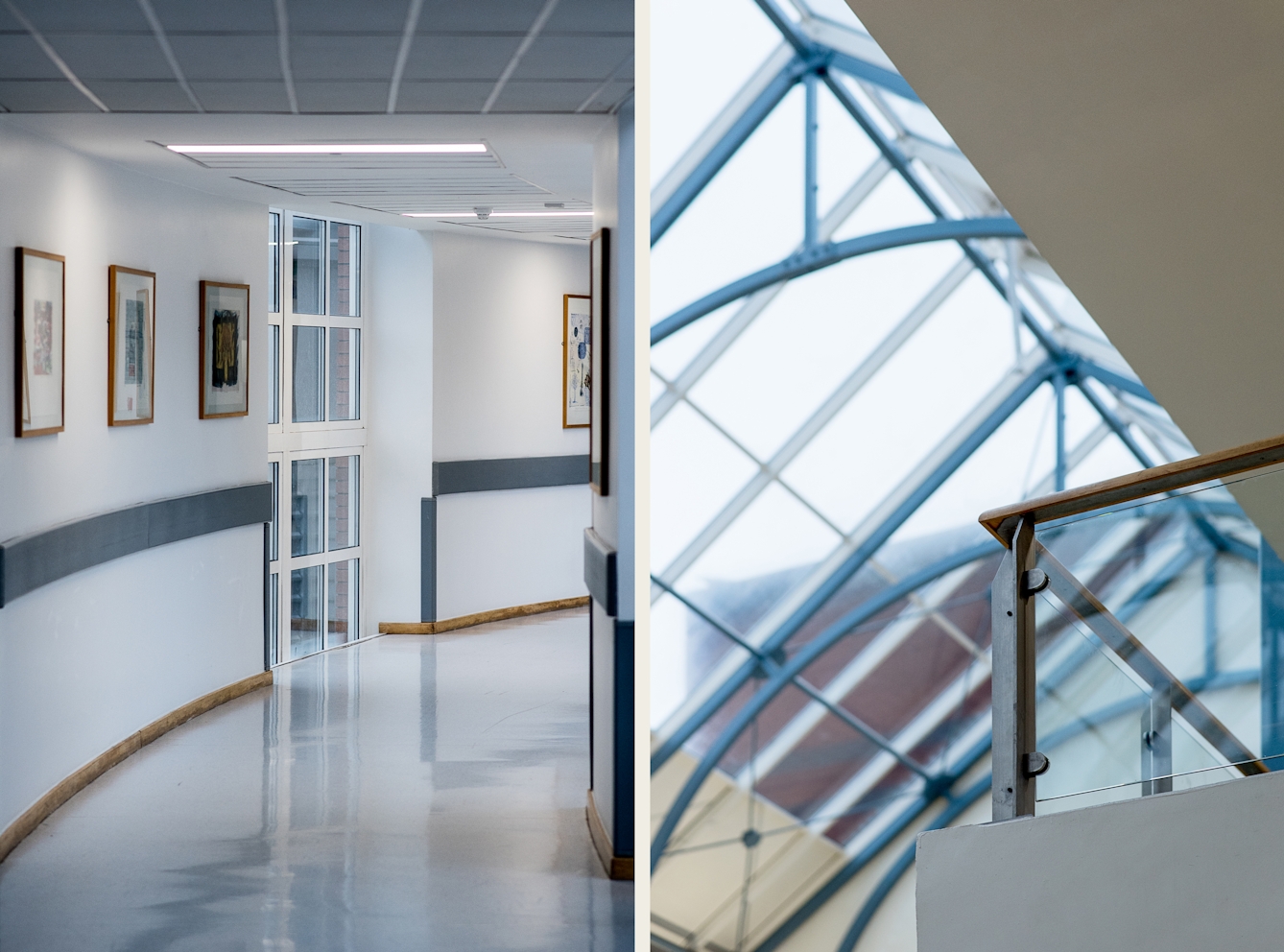 Photographic diptych showing two hospital interiors. The image on the left shows a corridor curving to the right out of view, with four framed pictures on the wall. The image on the right shows a view into the glass entrance atrium with part of a balcony from an upper level in view.