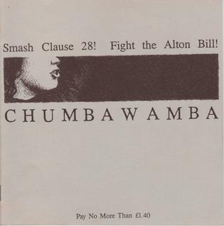 Cover of the single "Smash Clause 28!" by band Chumbawamba, featuring a person's face cropped just below the eyes who appears to be speaking.