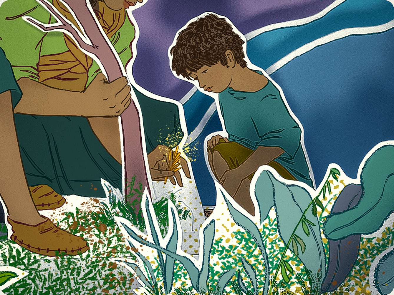Photograph of a papercut 3D artwork. Detail from a larger artwork which shows a woman wearing a hat crouched down under a small tree, showing a small delicate plant to her young son who is also crouching down. They are surrounded by a Peruvian landscape of foliage and recessing silhouetted hillsides. The overall hues are blues, greens, purples and mauves.