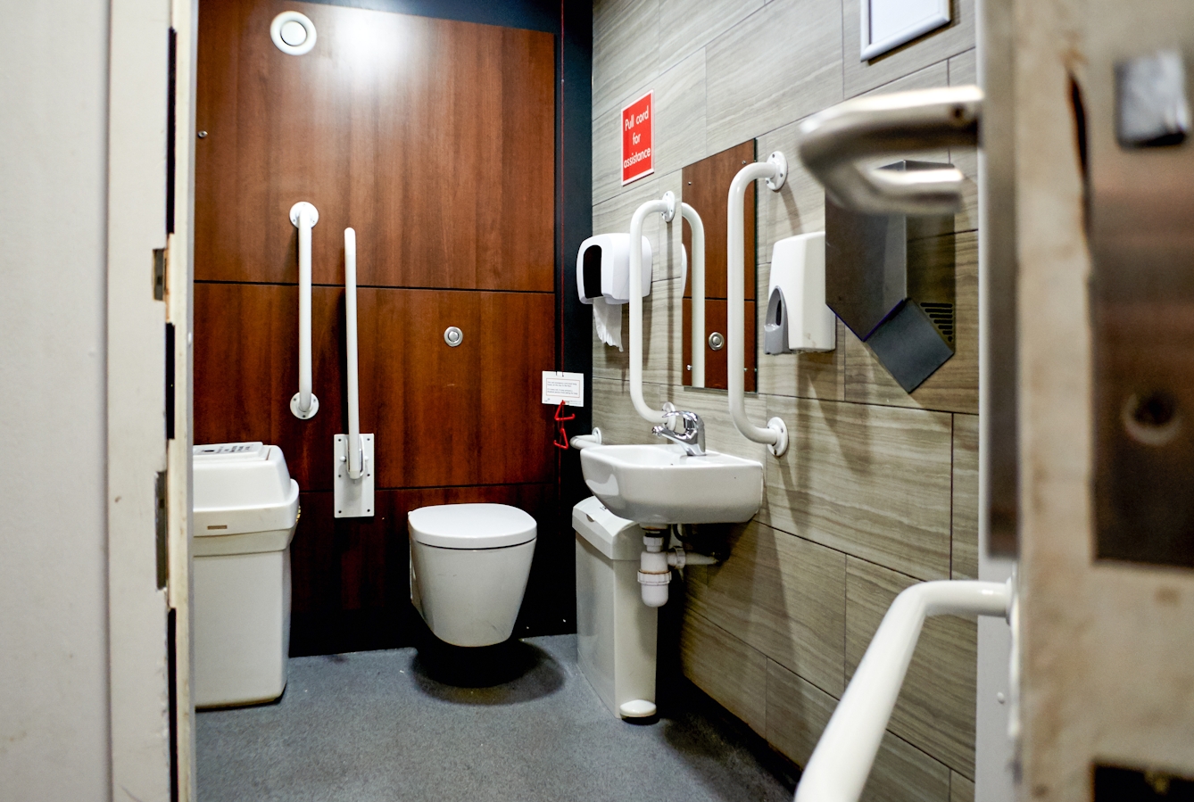 Photograph though the doorway of an accessible toilet showing part of the door and doorframe, along with the contents of the room, toilet, basin and sanitary bins. One of the walls has a wood effect panels and the room has a slightly modern feel.