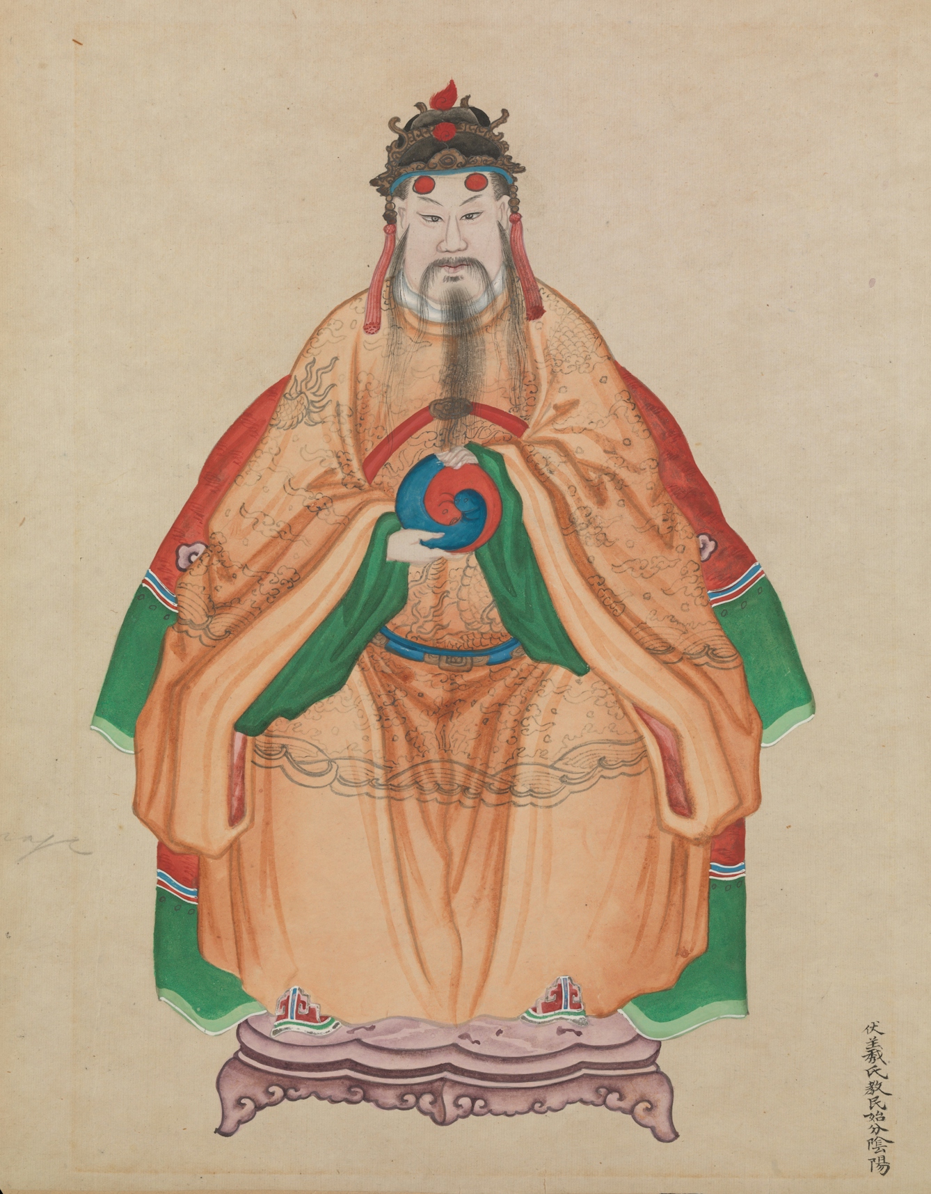 Painting of Chinese Emperor Fu Hsi, wearing traditional costume, holding the 'Yin-yang' symbol with feet resting on a cloud-shaped stool.
