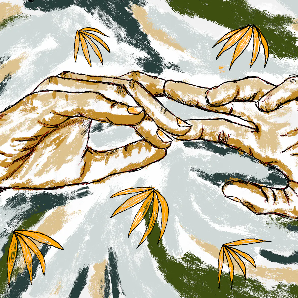 Colour digital artwork showing a figurative study of a pair of hands gracefully suspended in mid air, visible from just above the wrists. The hand on the right is held palm upwards, fingers slightly extended. The hand on the left is palm down, fingers extended slightly towards the other hand, fingertips just making gentle contact. The background is made up of light textured rough lines of green, light blue greys and whites, punctuated by orange leaf-like plants.