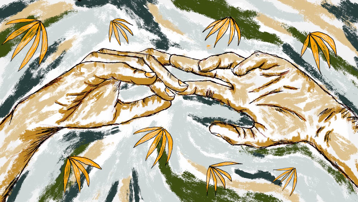 Colour digital artwork showing a figurative study of a pair of hands gracefully suspended in mid air, visible from just above the wrists. The hand on the right is held palm upwards, fingers slightly extended. The hand on the left is palm down, fingers extended slightly towards the other hand, fingertips just making gentle contact. The background is made up of light textured rough lines of green, light blue greys and whites, punctuated by orange leaf-like plants.