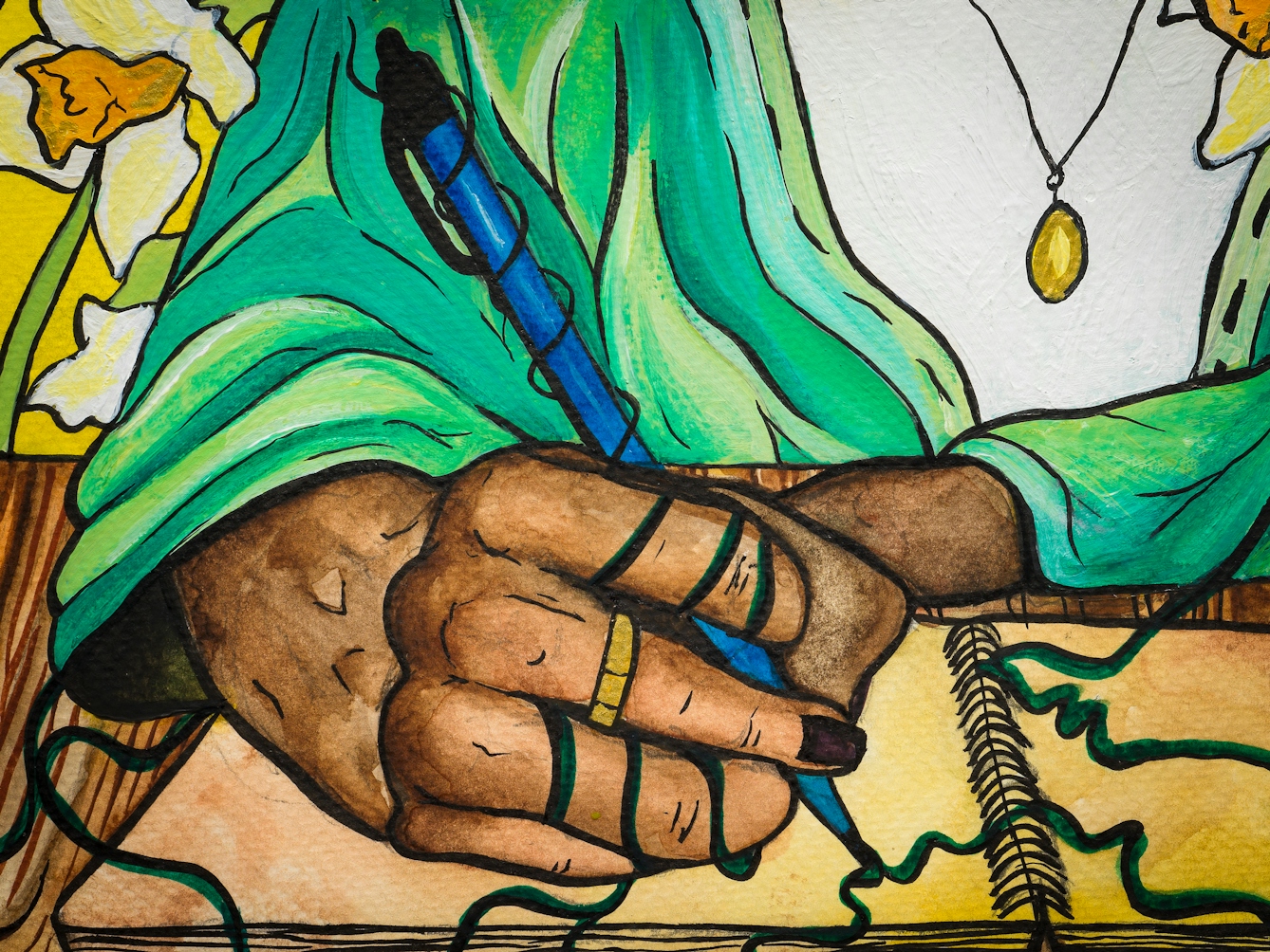 Detail from a larger colourful artwork. The artwork shows a person writing in a spiral-bound notebook. They are wearing a green cardigan with a necklace and are holding a pen in their right hand. Their nails are painted and are wearing a ring. From the pen nib, vines extend across the notebook pages, wrapping around the person's hand and over onto the wooden table they are sat at. 